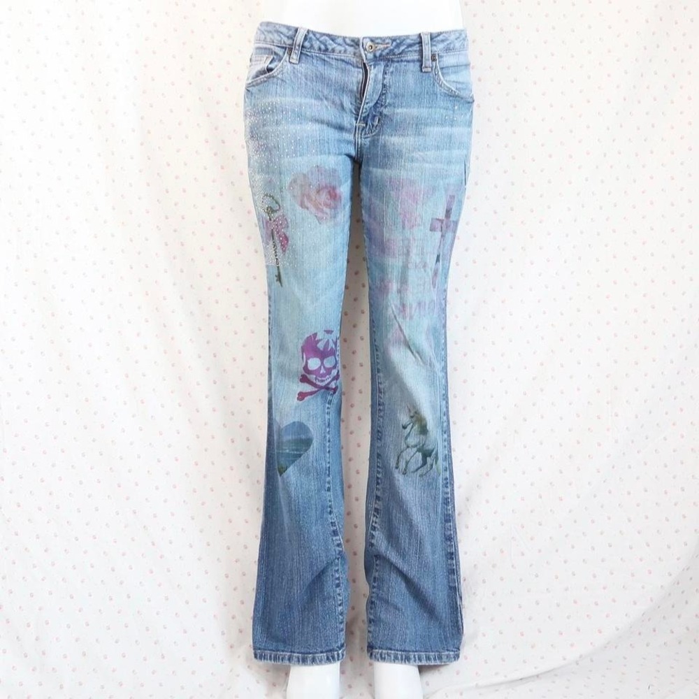 y2k graphic flare jeans rhinestone denim mcbling scene girl jeans
